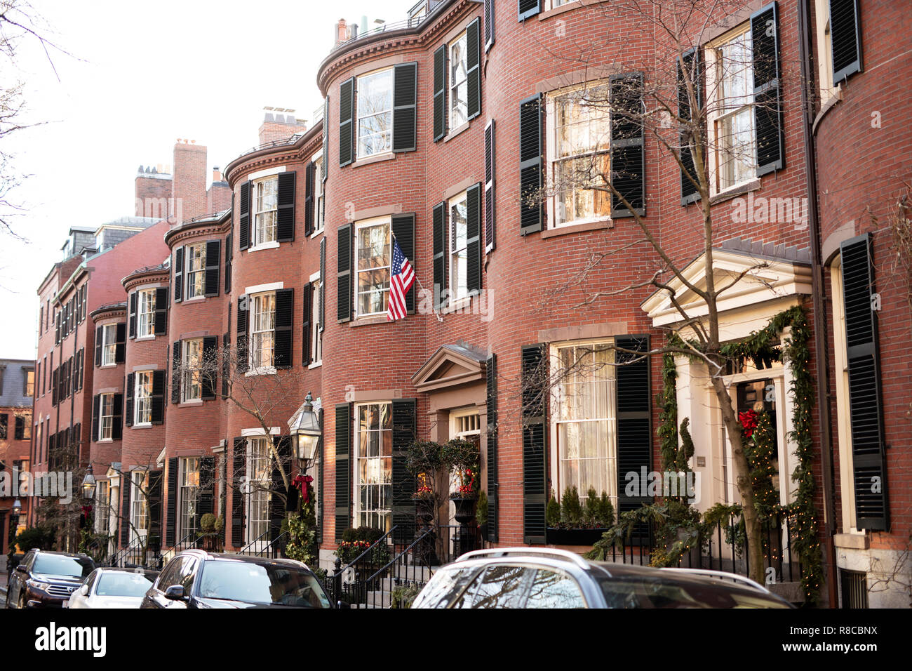 Homes in Louisburg Square in the historic Beacon Hill neighborhood of Boston, decorated for