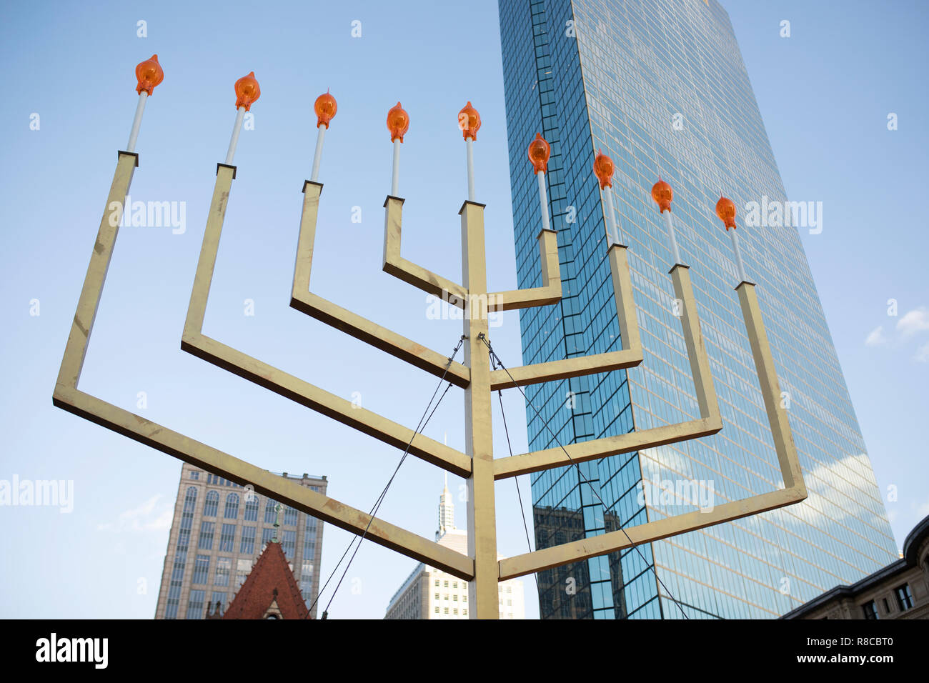 A giant menorah on display for Hanukkah in Copley Plaza in downtown