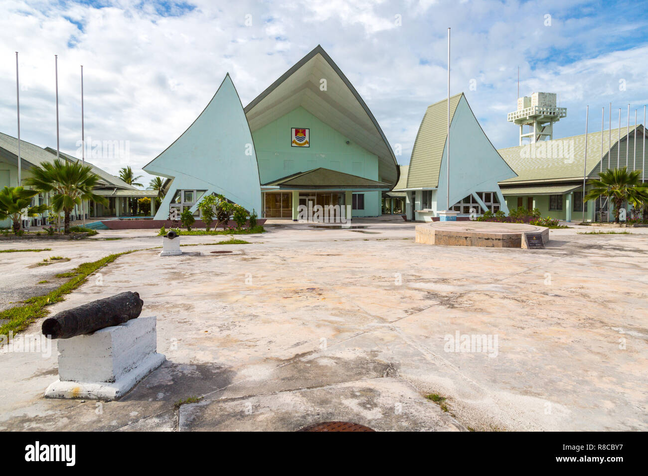 Maneaba ni Maungatabu (Parliament of Kiribati), complex of buildings on a Tarawa atoll lagoon motu. House of Assembly, Ambo, South Tarawa, Kiribati, G Stock Photo