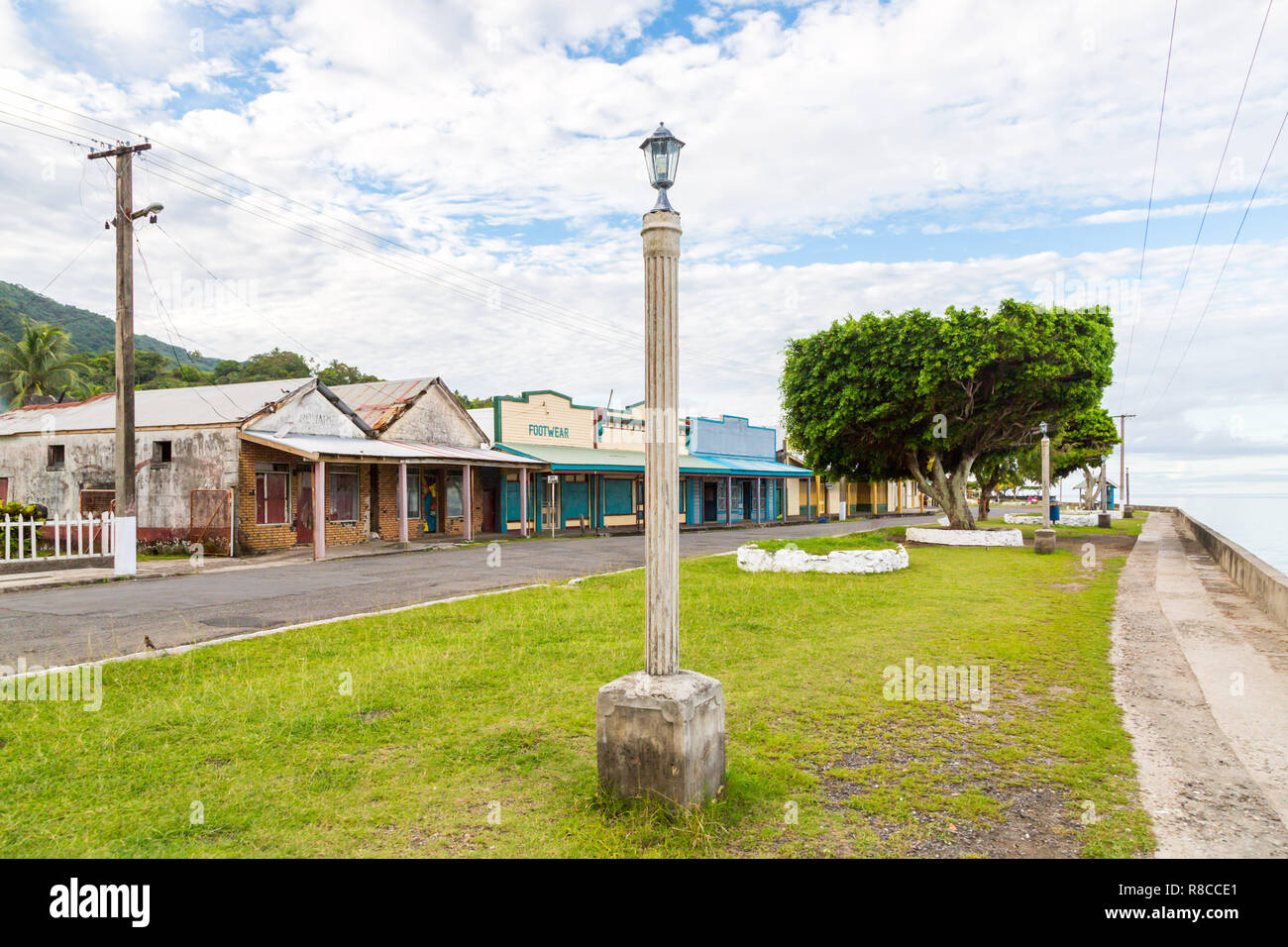 Colourful empty seafront of old colonial capital of Fiji - Levuka town, Ovalau island, Lomaiviti archipelago, Fiji, Melanesia, Oceania, South Pacific  Stock Photo
