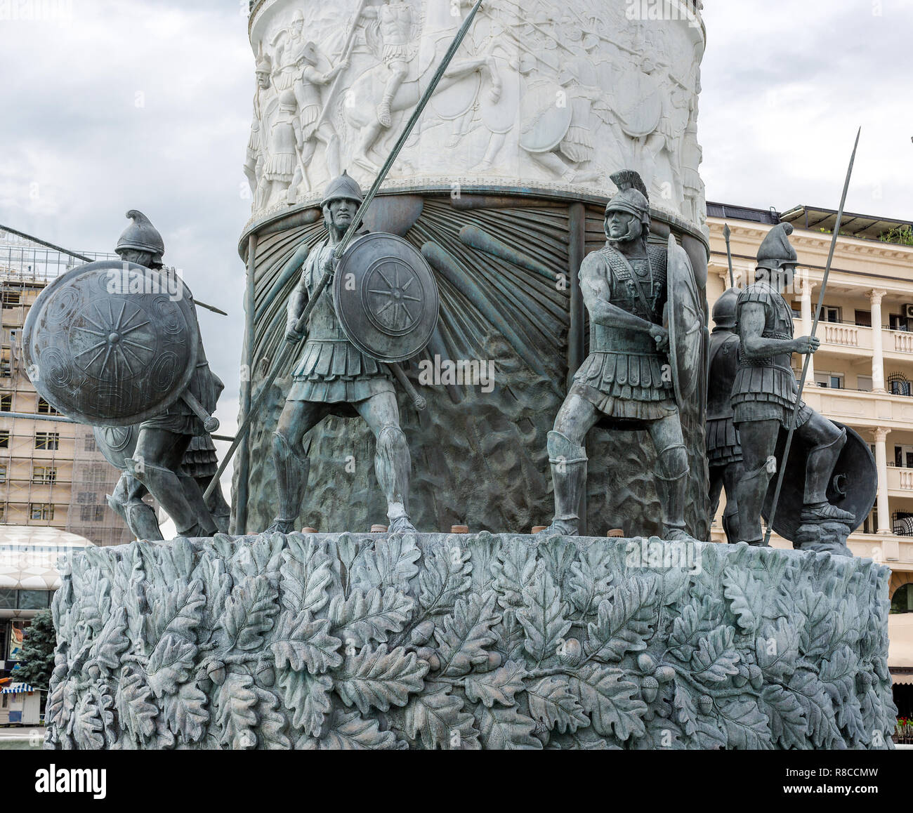 Part of statue Warrior on a Horse, which stands on a massive pedestal which is also a fountain. The Warrior on a Horse statue on Macedonia square in c Stock Photo