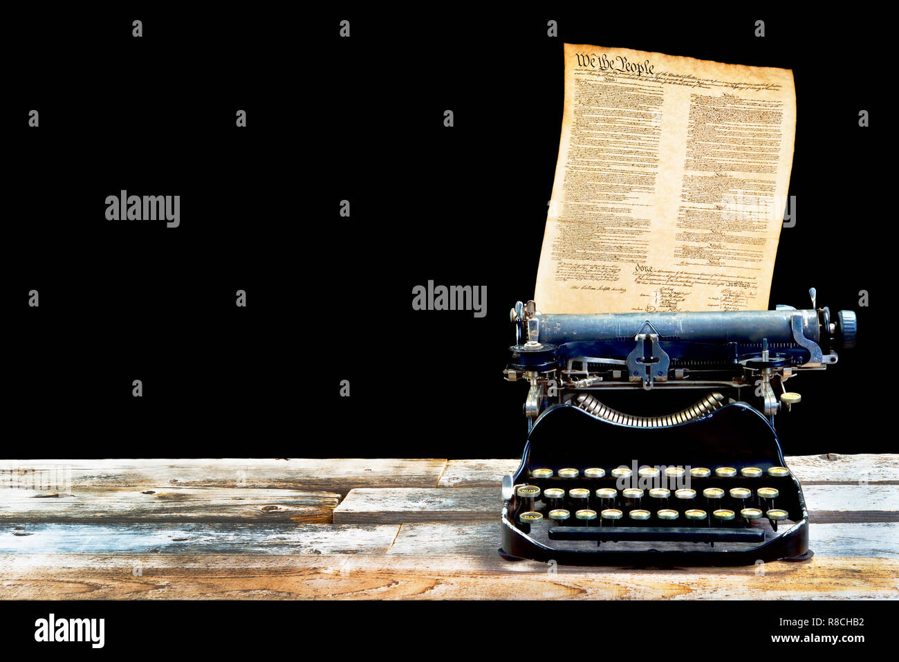 Antique portable typewritter made in 1917 with American Constitution and room for your type . Stock Photo