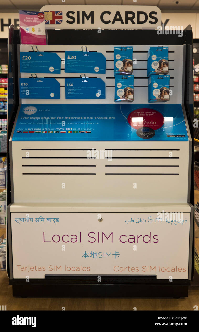 dh Aberdeen International Airport MOBILE TELEPHONE UK SIM card shop british phone cards display for sale stand Stock Photo