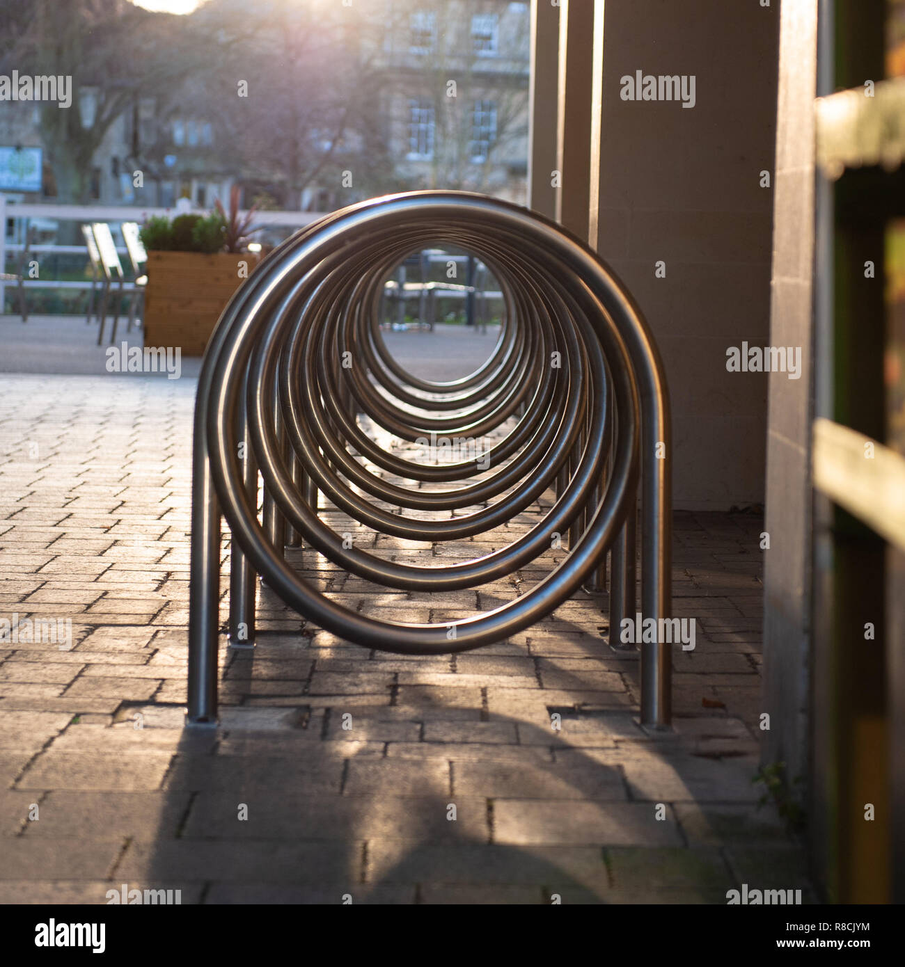 Unusual bike rack in pedestrian precinct in Bradford on Avon, Wiltshire, UK. Stock Photo