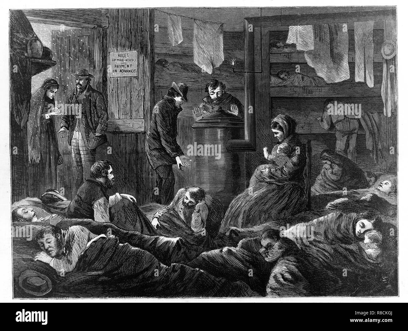 Underground Lodgings for the Poor, Greenwich Street, New York, from Harper's Weekly, pub. 1869. Creator: Paul Frenzeny (1840-1902). Stock Photo