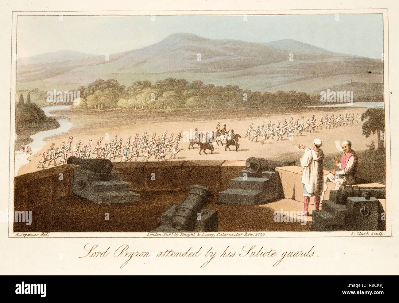 Lord Byron attended by his Suliote Guards, pub. 1825. Creator: Robert  Seymour (1798 - 1836). Stock Photo