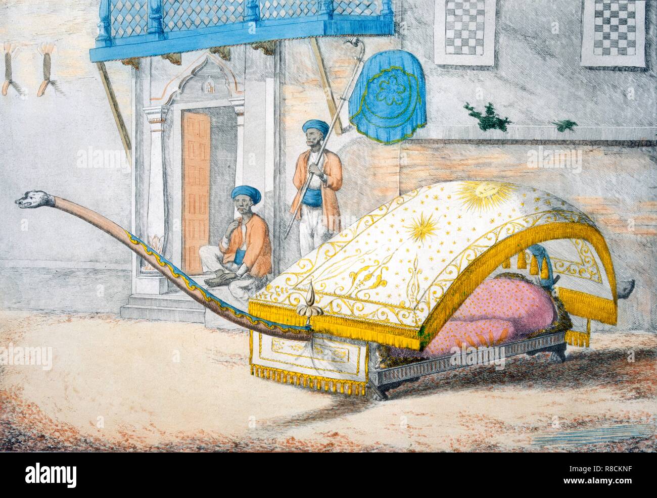 D'jehalledar, or canopied bed conveyance with extra-long front, 1799. Creator: Franz Balthazar Solvyns (1760-1824). Stock Photo
