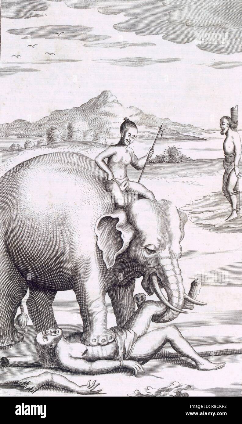 An execution by an elephant, pub. 1681. Creator: Robert Knox (1641-1720). Stock Photo