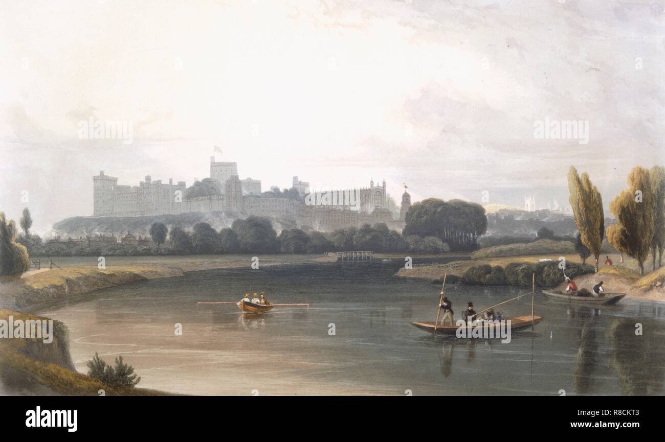 Windsor Castle from the River Thames: a West view, and fishing from punts, c1827-30. Creator: William Daniell (1769-1837). Stock Photo