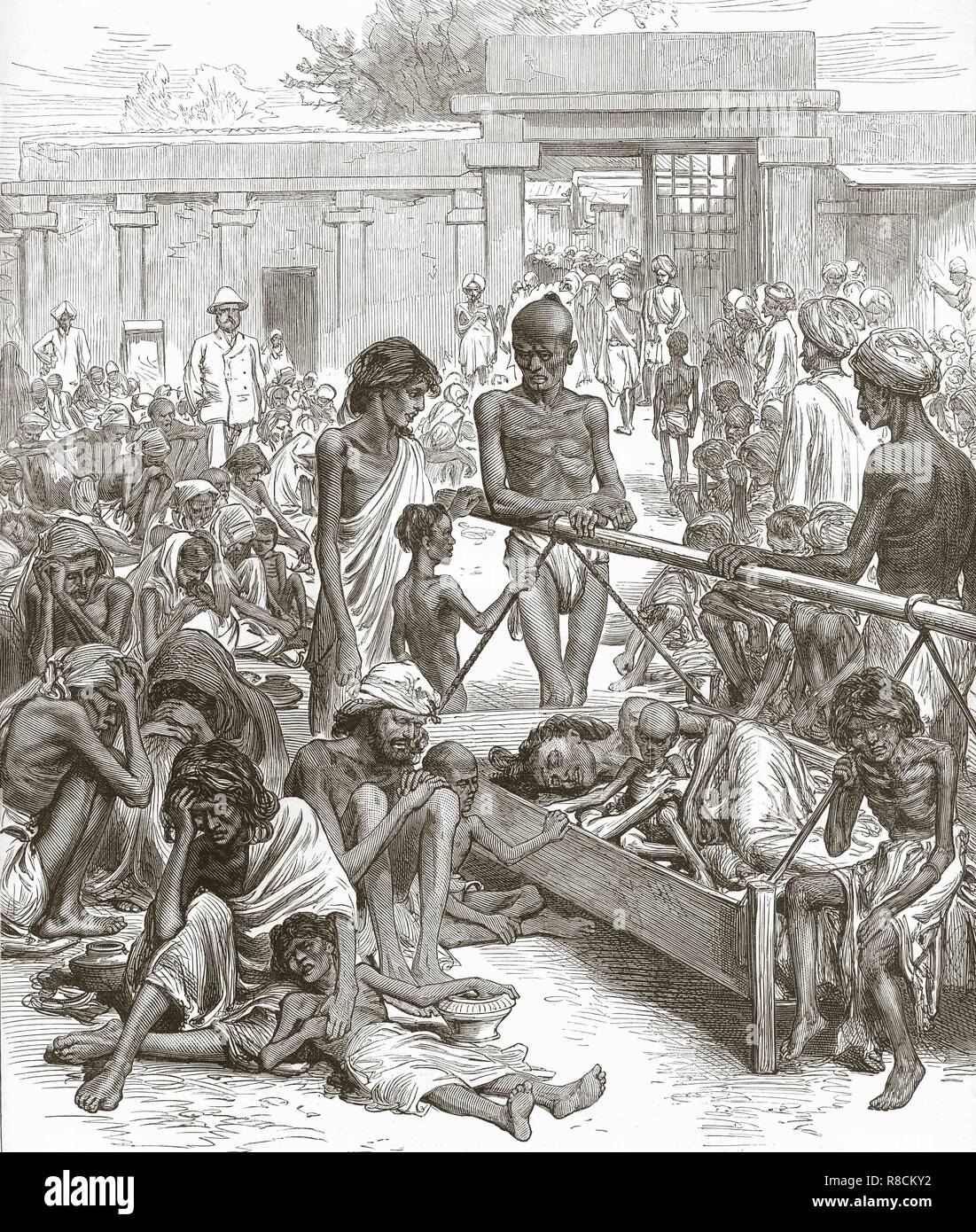 The Famine in India:  Natives Waiting for Relief at Bangalore, October 1877. Creator: English School (19th Century). Stock Photo