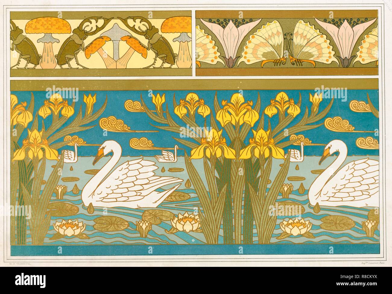 Designs for wallpaper border with Stag Beetles and Mushrooms, pub. 1897. Creator: Maurice Pillard Verneuil (1869?1942). Stock Photo