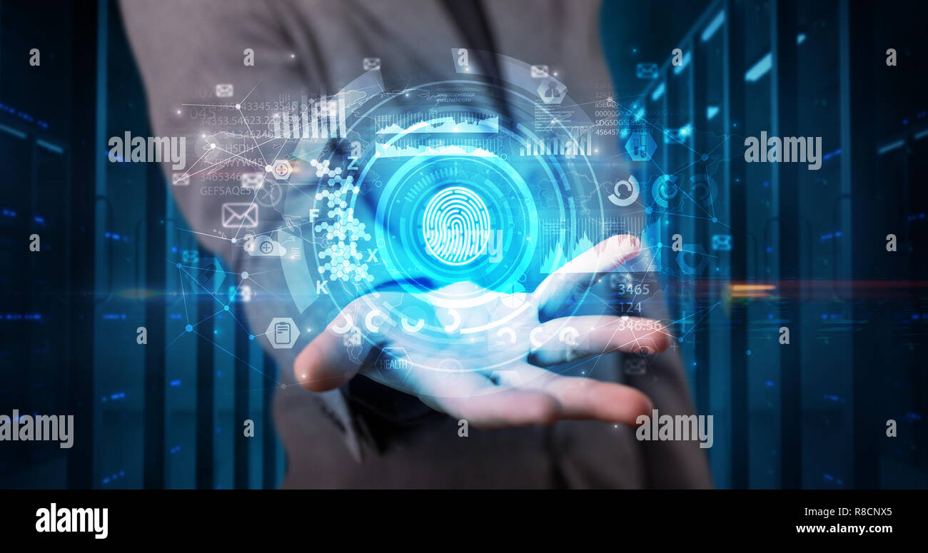 Man holding hologram projection displaying biometric security concept  Stock Photo