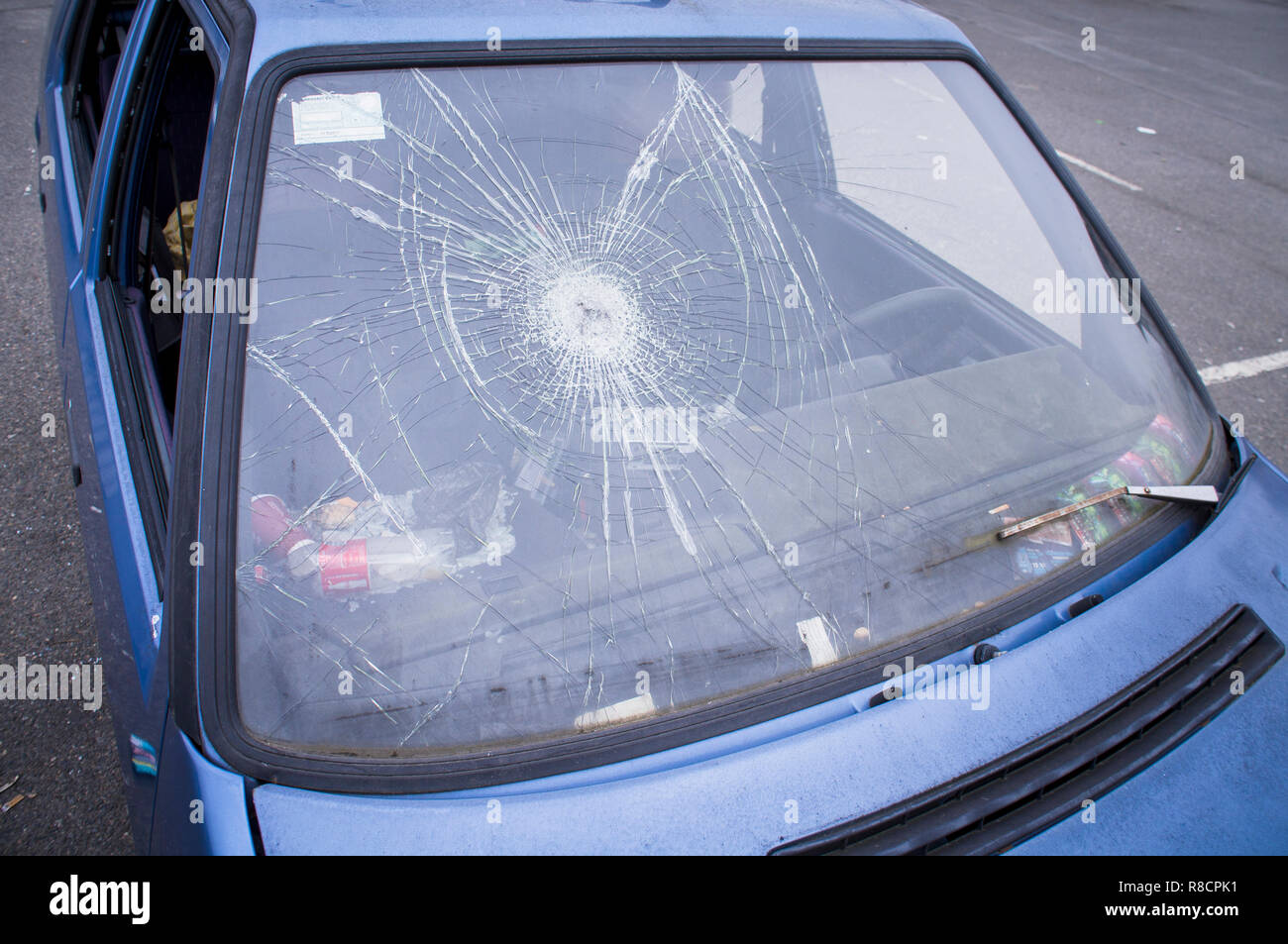 Skoda Favorit, modernized facelift 1993, wreckage, cracked, broken windscreen, Czech Republic, February 17, 2018. (CTK Photo/Libor Sojka) Stock Photo