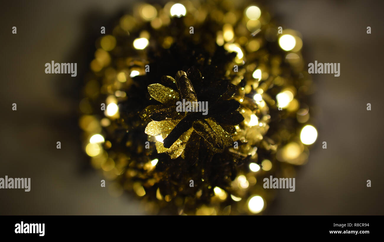Design Christmas tree, blurred glowing lights, top view Stock Photo