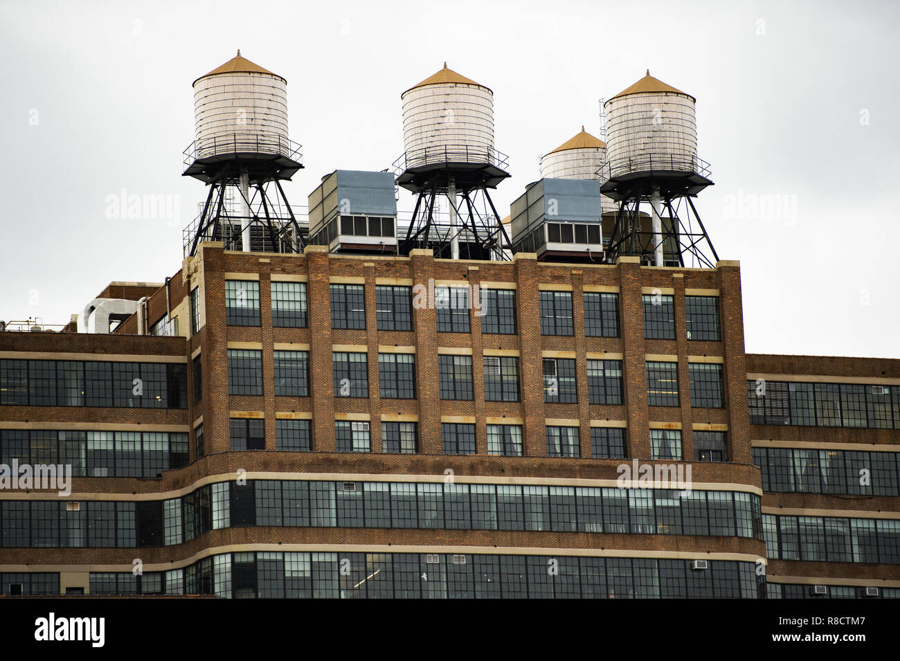 Closeup view of New York's buildings with water tanks on the rooftop