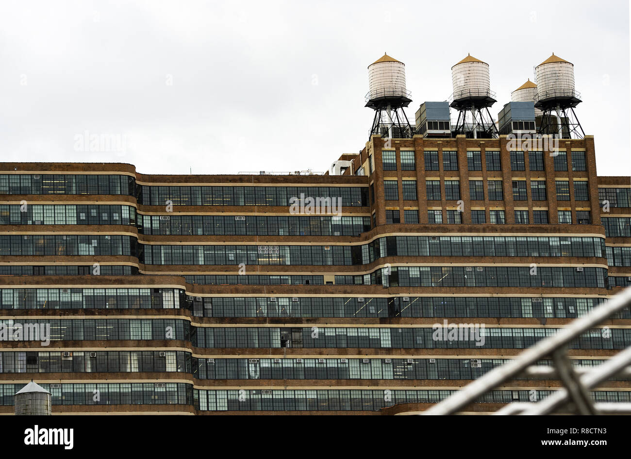 Closeup view of New York's buildings with water tanks on the rooftop