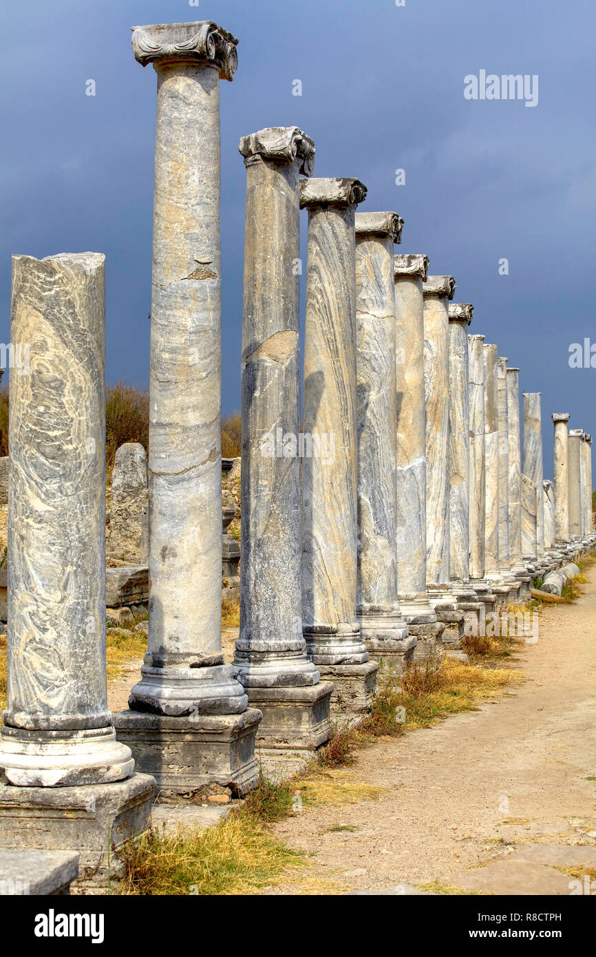 turkey, ancient marble column in Perge ancient city of Antalya city. Stock Photo