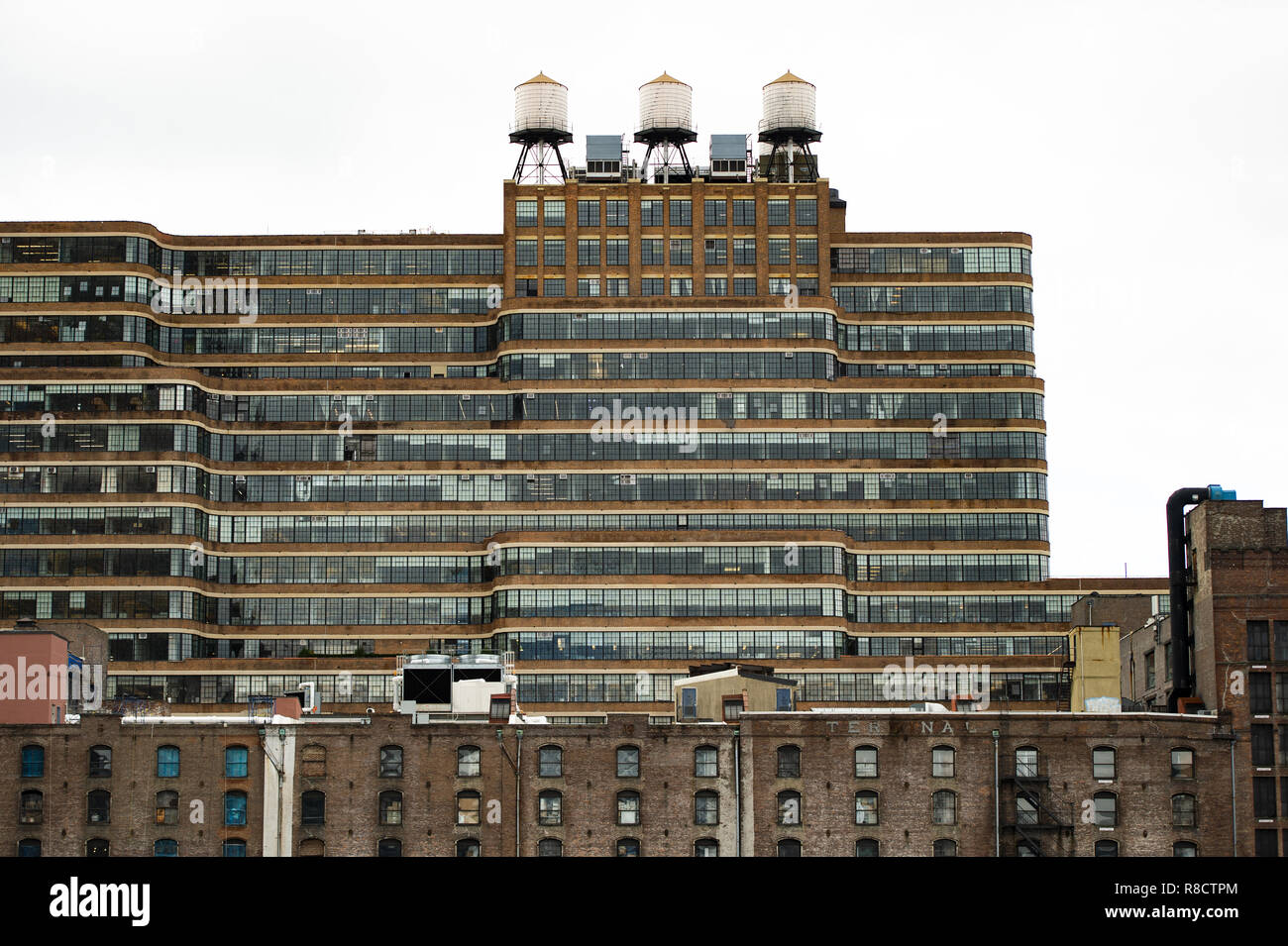 Closeup view of New York's buildings with water tanks on the rooftop