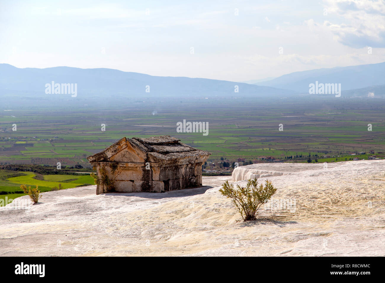 White travertines in the ancient city of Hierapolis in Pamukkale, Turkey Stock Photo