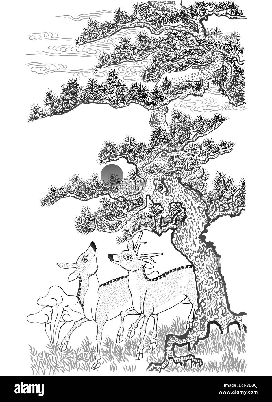 Hand draw line art Korean traditional painting of animals. Watercolor and ink of painting 087 Stock Photo