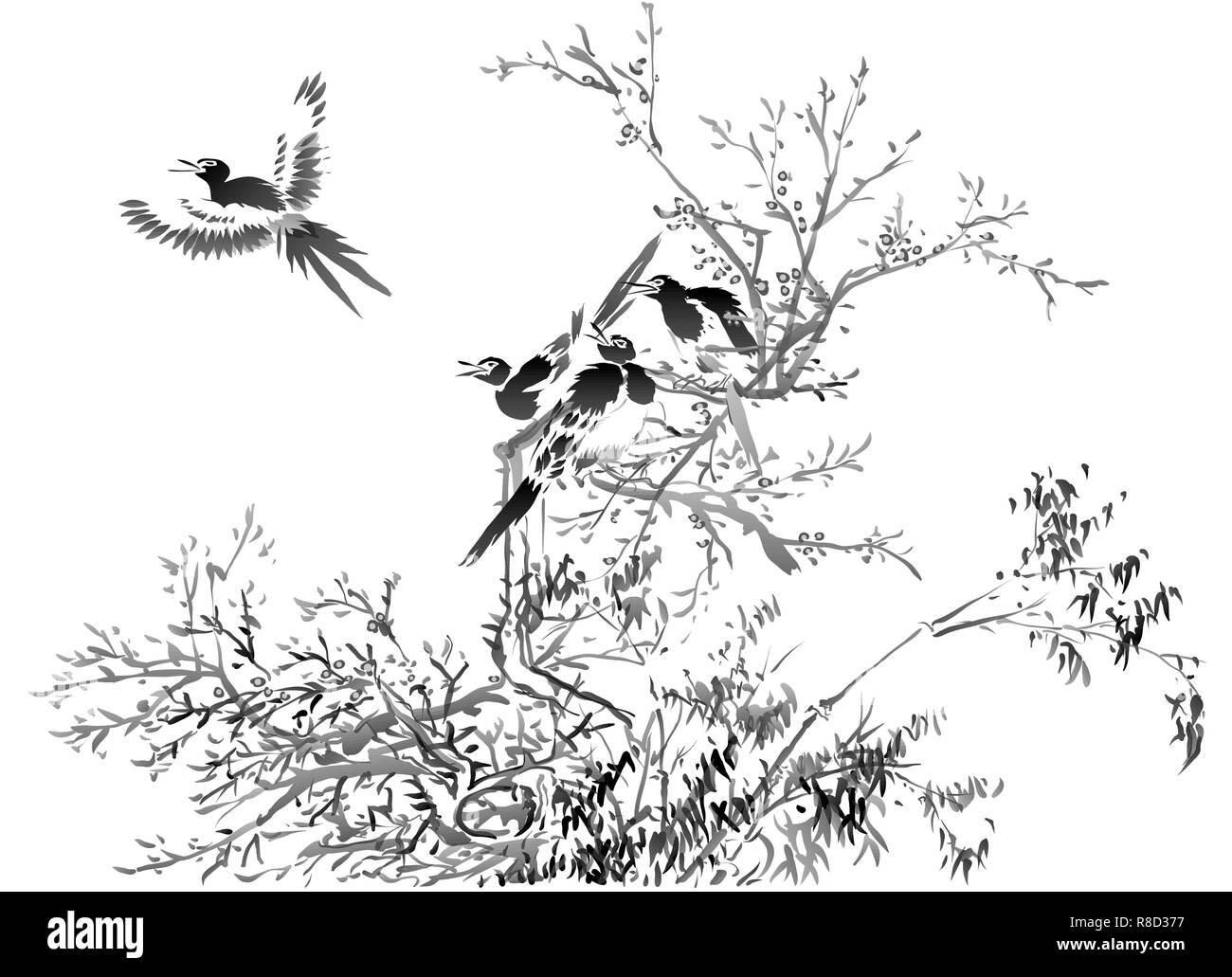 Hand draw line art Korean traditional painting. Watercolor and ink of painting 017 Stock Photo