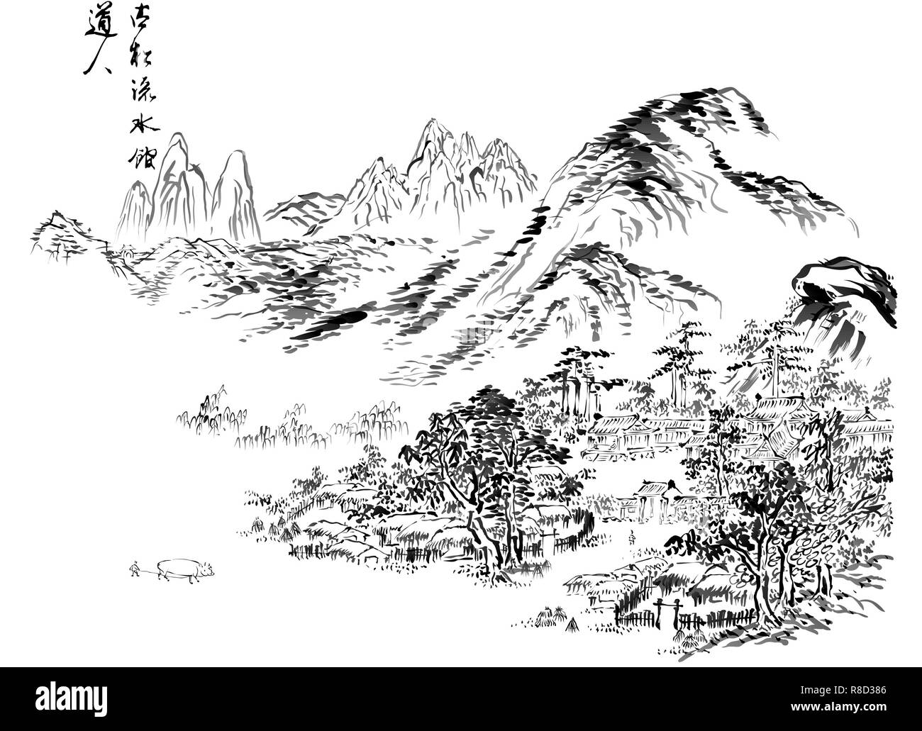 Hand draw line art Korean traditional painting. Watercolor and ink of