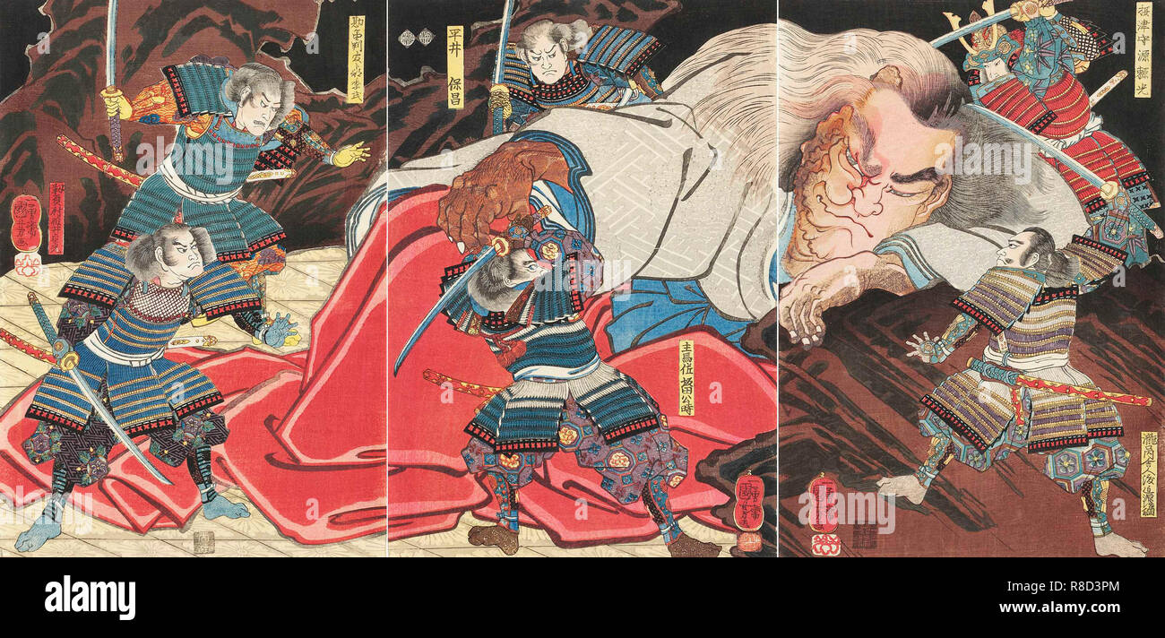Minamoto no Yorimitsu and his retainers attacking the drunken monster Shuten-doji on mount Oe, 1851. Stock Photo