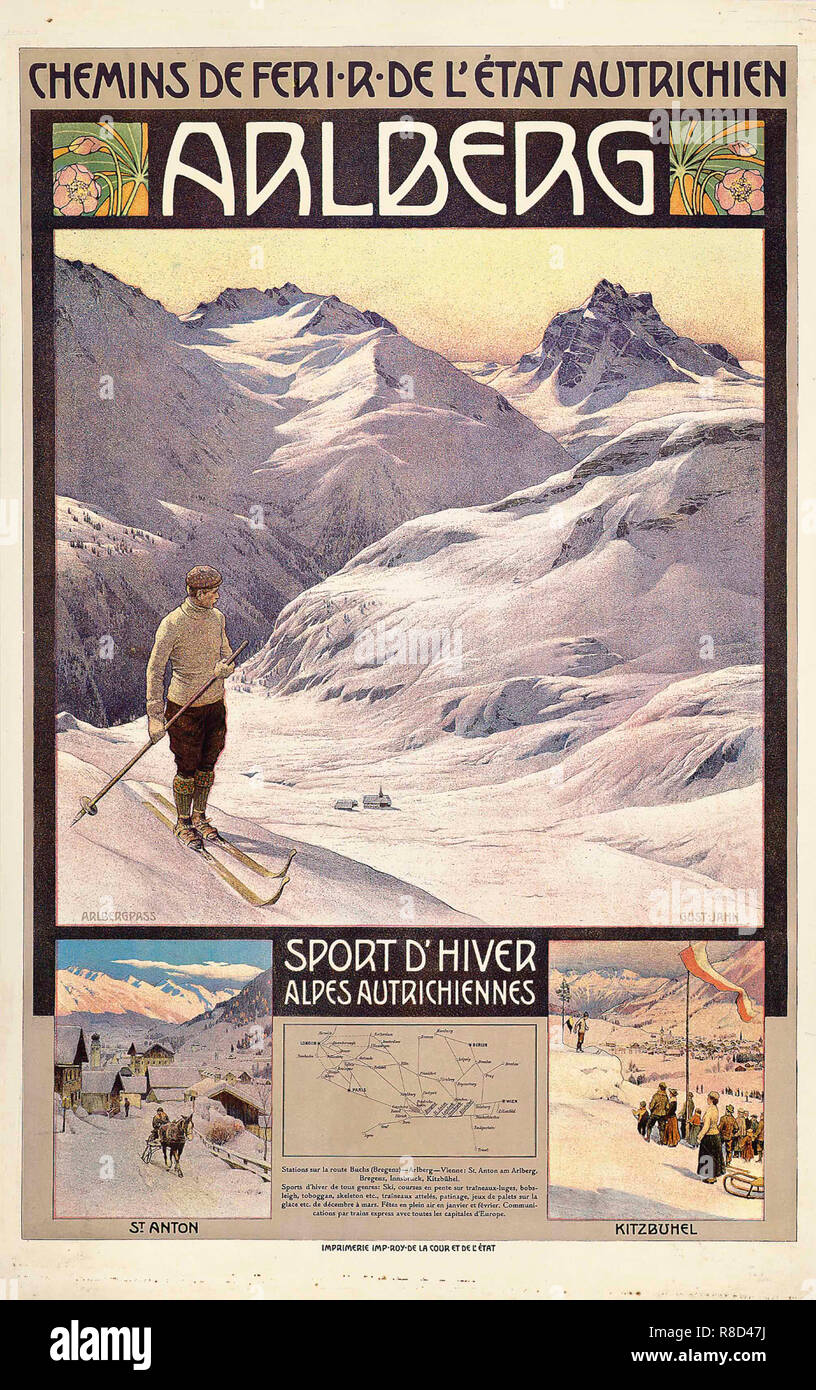 Travel poster advertising winter sports in Arlberg, Austra, c1910. Stock Photo