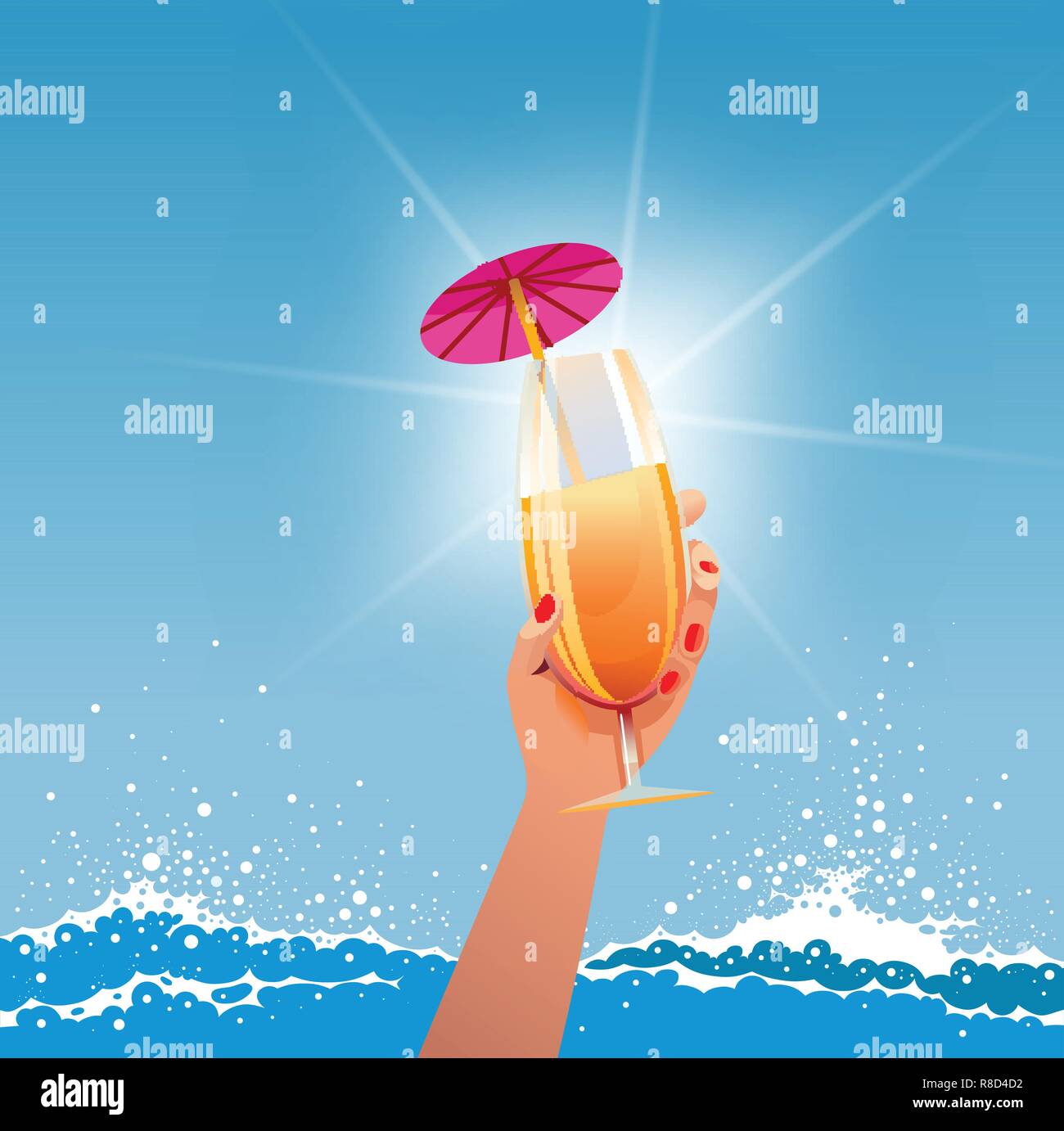 Tropical cocktail in woman's hand at sea side. Vector illustration. Stock Vector