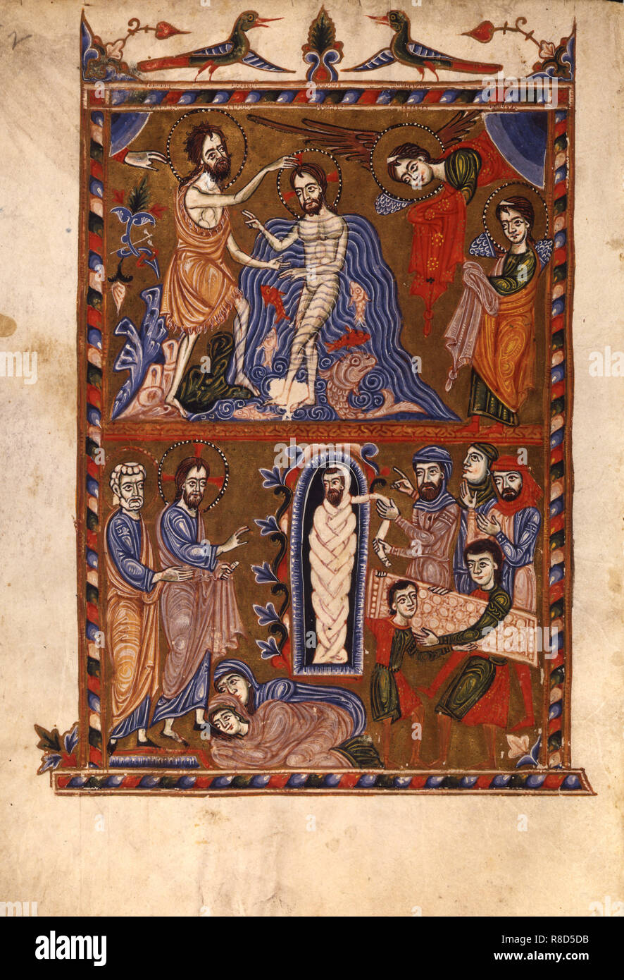 The Baptism of Christ. The Raising of Lazarus (Manuscript illumination from the Matenadaran Gospel), Stock Photo