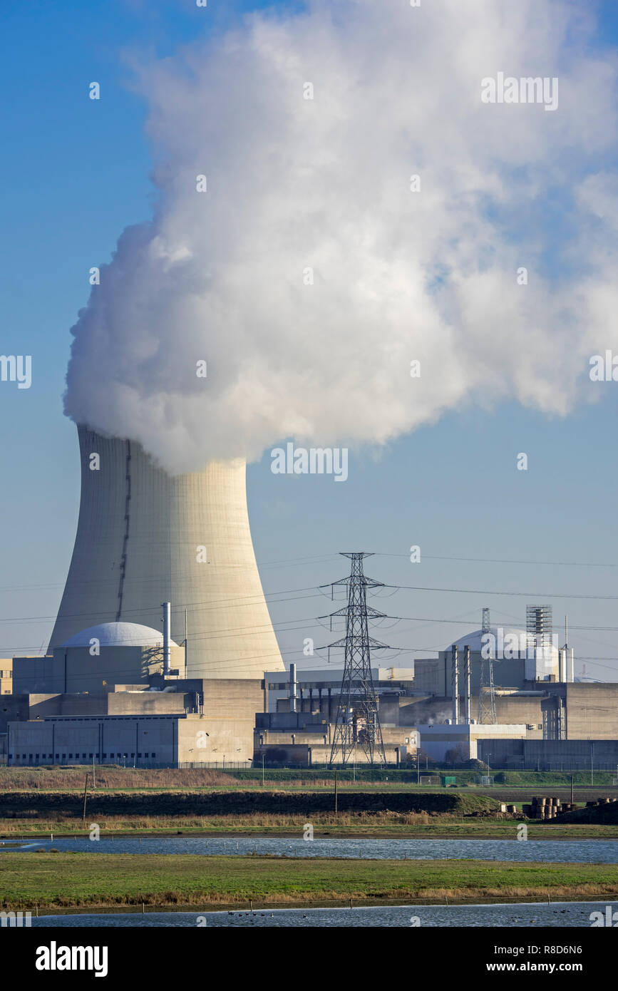 Cooling tower of the Doel Nuclear Power Station / nuclear power plant in the Antwerp harbour, Flanders, Belgium Stock Photo