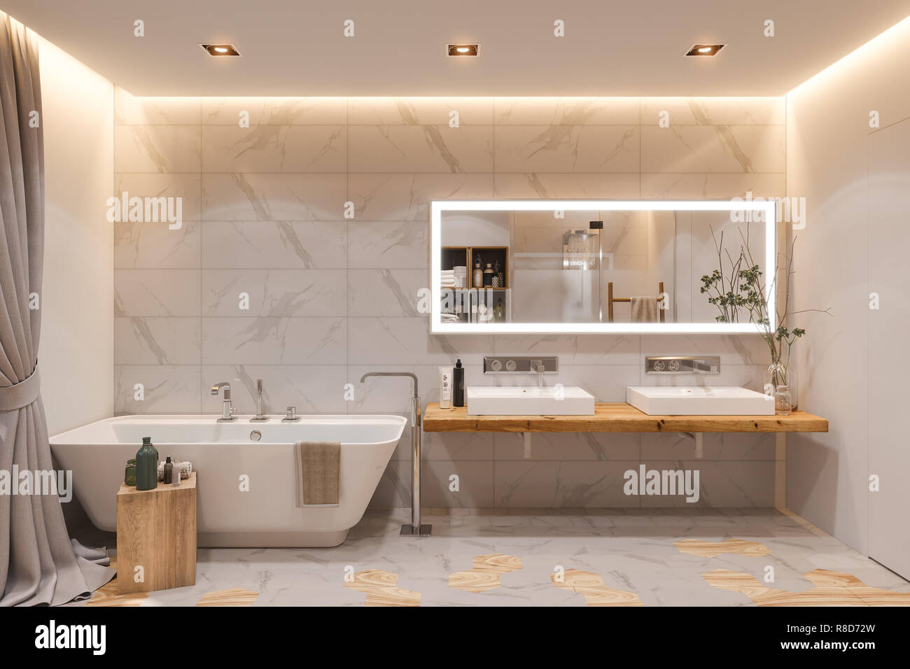 Interior design of a bathroom, 3d illustration. The interior is designed in  a Scandinavian style Stock Photo - Alamy, image size:1300x956
