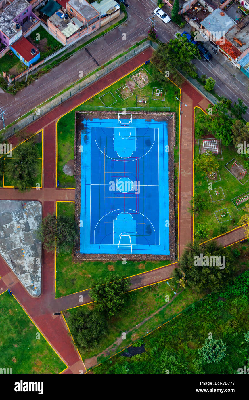 A SOCCOR AND BASKETBALL COURT as seen from an early morning HOT AIR BALLOON ride - SAN MIGUEL DE ALLENDE, MEXICO Stock Photo