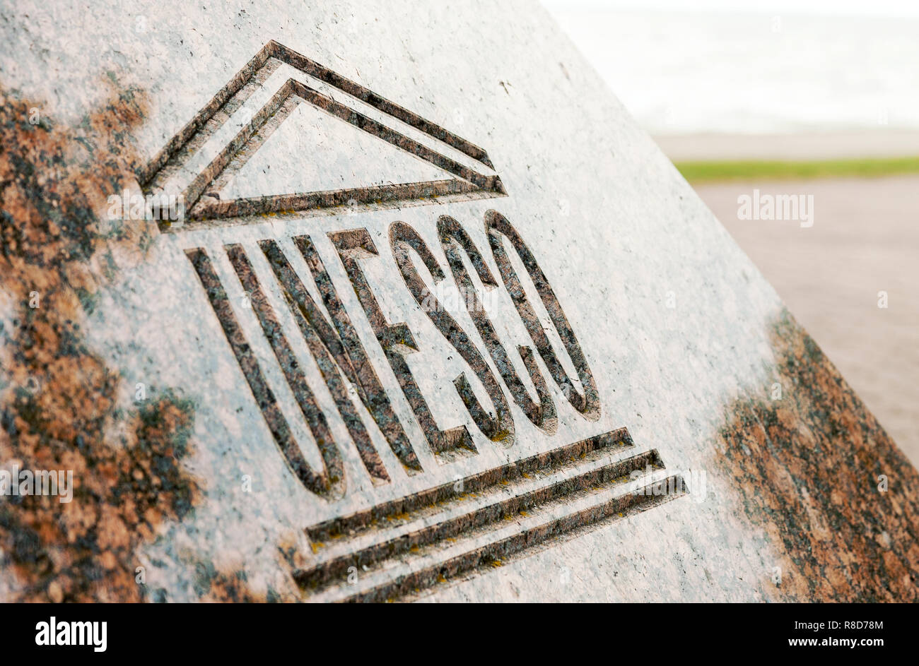 Close up of UNESCO world heritage sign carved on stone Stock Photo