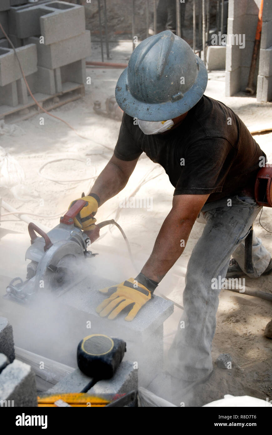 cutting cider blocks with a diamond blade Stock Photo