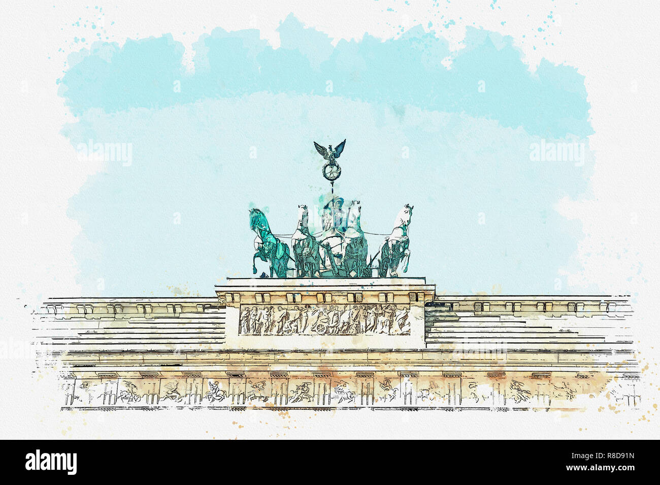 A watercolor sketch or illustration of the Brandenburg gate in Berlin, Germany. Architectural monument in historic center of Berlin. Stock Photo