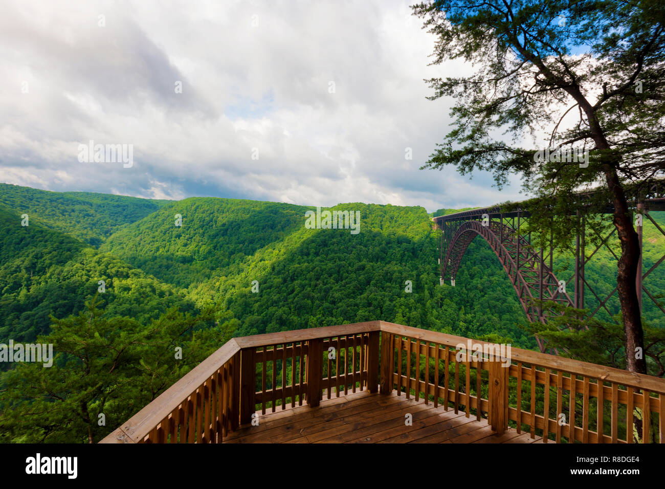 New River National Park in West Virginia, has an observation deck that offers stunning view of the New River Gorge and the steel arch bridge that span Stock Photo