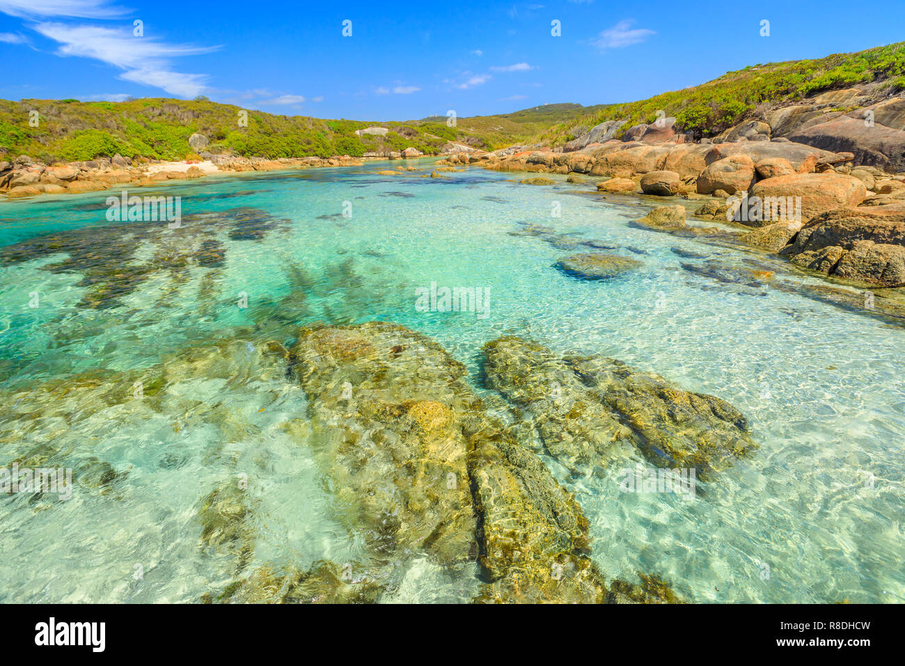 William Bay National Park, Denmark, Western Australia. Tropical landscape of turquoise waters of Madfish Beach surrounded by rock formations. Sunny blue sky. Popular summer destination in Australia. Stock Photo