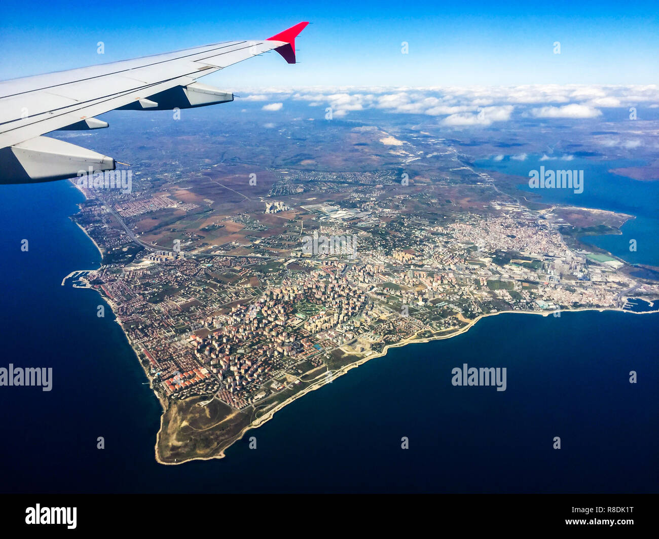 Aerial shooting from an airplane flying over the Sea of Marmara. Turkey. Stock Photo