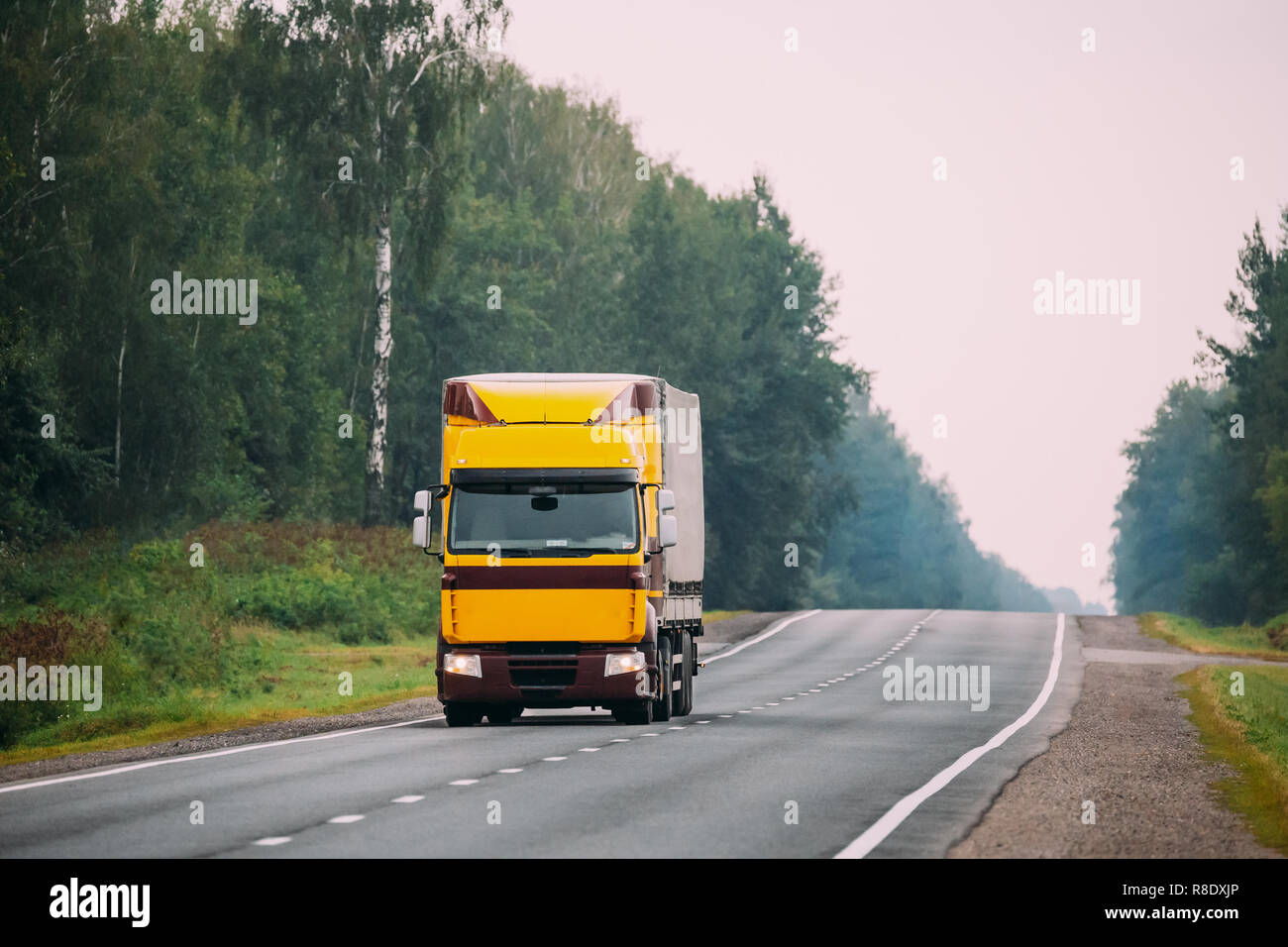 Yellow Truck Or Tractor Unit, Prime Mover, Traction Unit In Motion On Road, Freeway. Asphalt Motorway Highway Against Background Of Forest Landscape.  Stock Photo