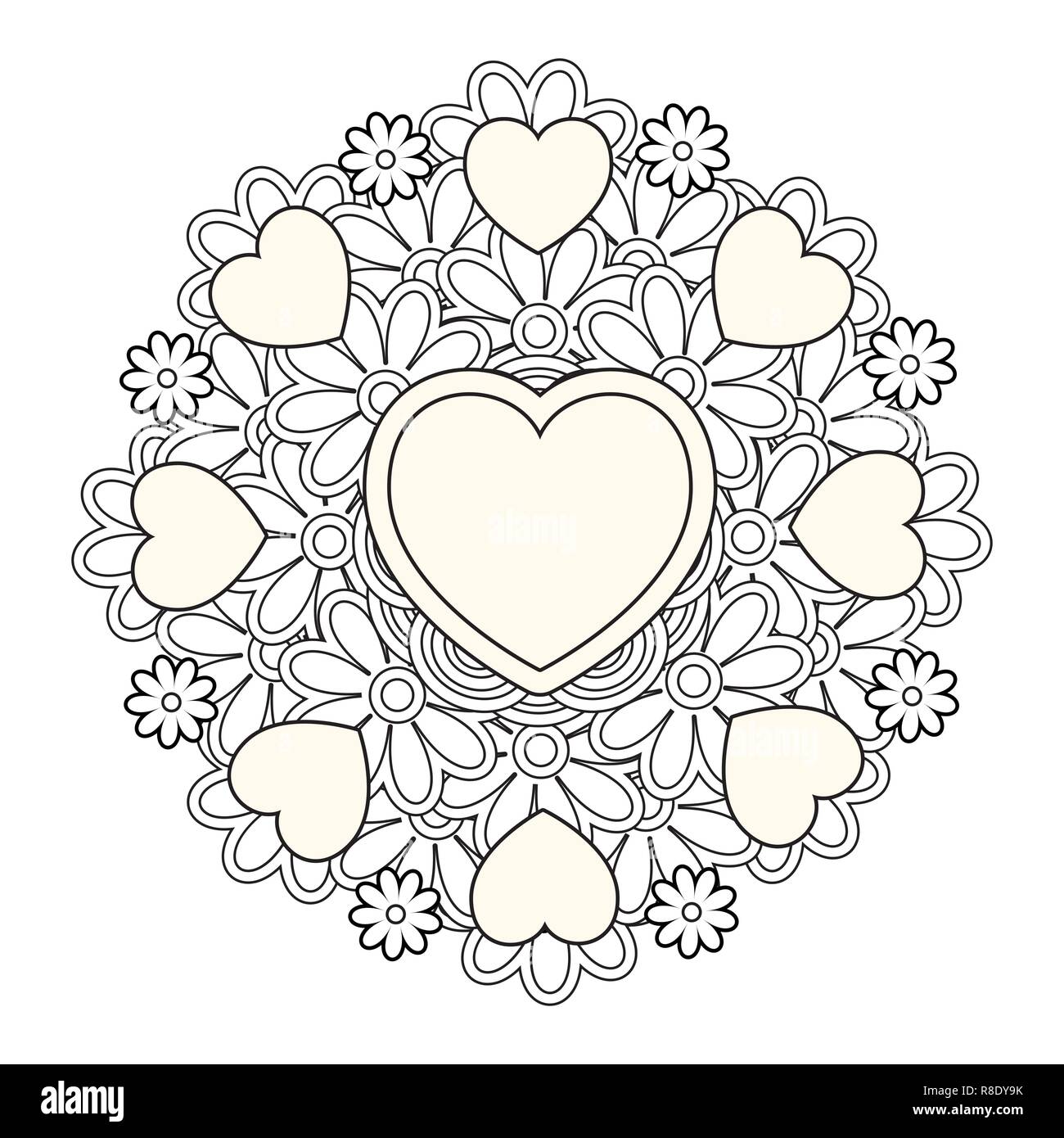 Flower mandala with hearts. Valentines day coloring page Stock ...