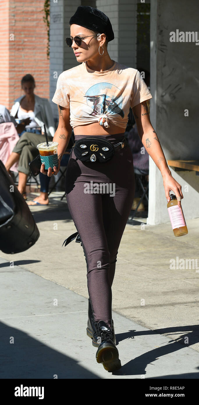 Halsey is all style as she picks up coffee wearing a Gucci belt bag and  beret