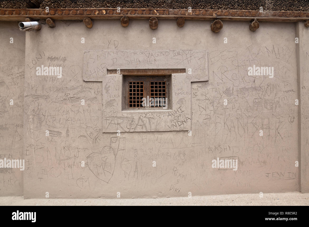 Drawings and inscriptions made on the wall of Leh Palace, Leh, Ladakh, Jammu and Kashmir, India Stock Photo