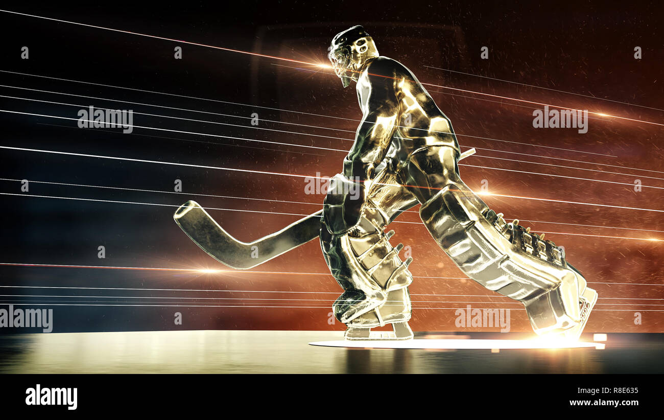 bronze sculpture of ice hockey goalie in action pose with dramatic