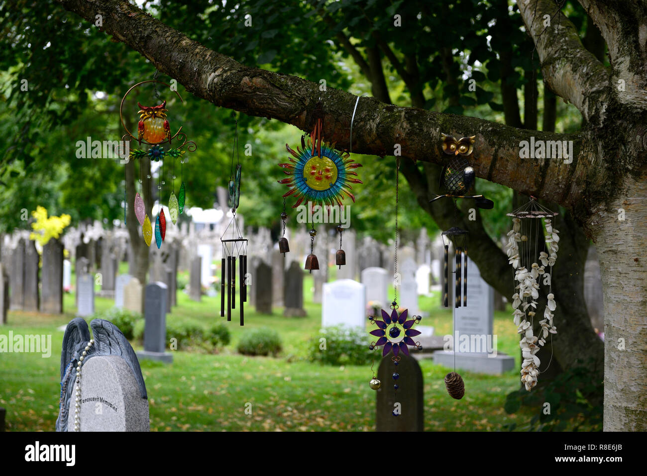 Wind Chimes,wind chime,graveyard,graveyards,grave,graves,memory,memorial,peace,peaceful,RM Ireland Stock Photo