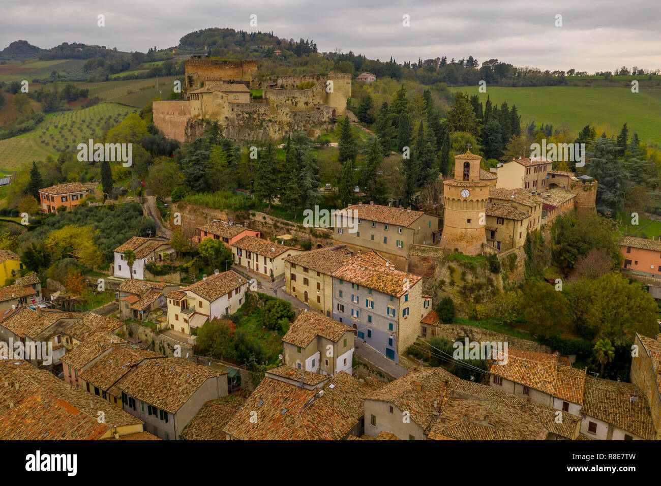 Aerial view of thermal spa town, Gothic medival castle fortezza and colorful houses in Castrocaro Terme, Cesena Forli province, Emilia Romagna, Italy Stock Photo