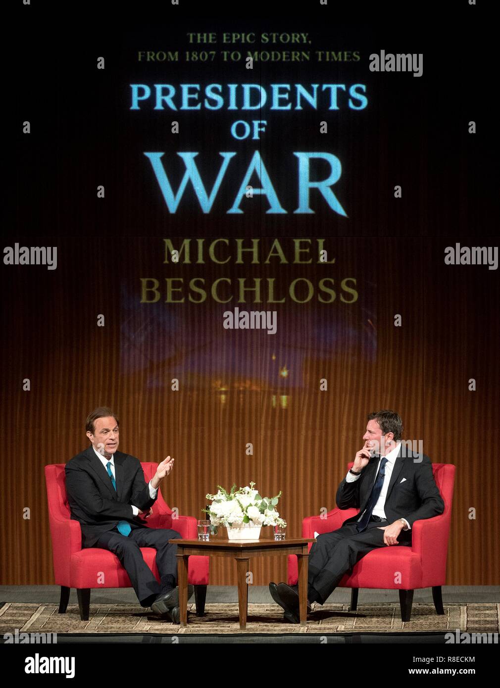 Presidential biographer and historian Michael Beschloss  discusses his latest book, Presidents of War: The Epic Story, from 1807 to Modern Times, and discussed the life and legacy of the late President George H.W. Bush moderated by LBJ Foundation President and CEO Mark Updegrove, right, at the LBJ Presidential Library December 11, 2018 in Austin, Texas. Stock Photo