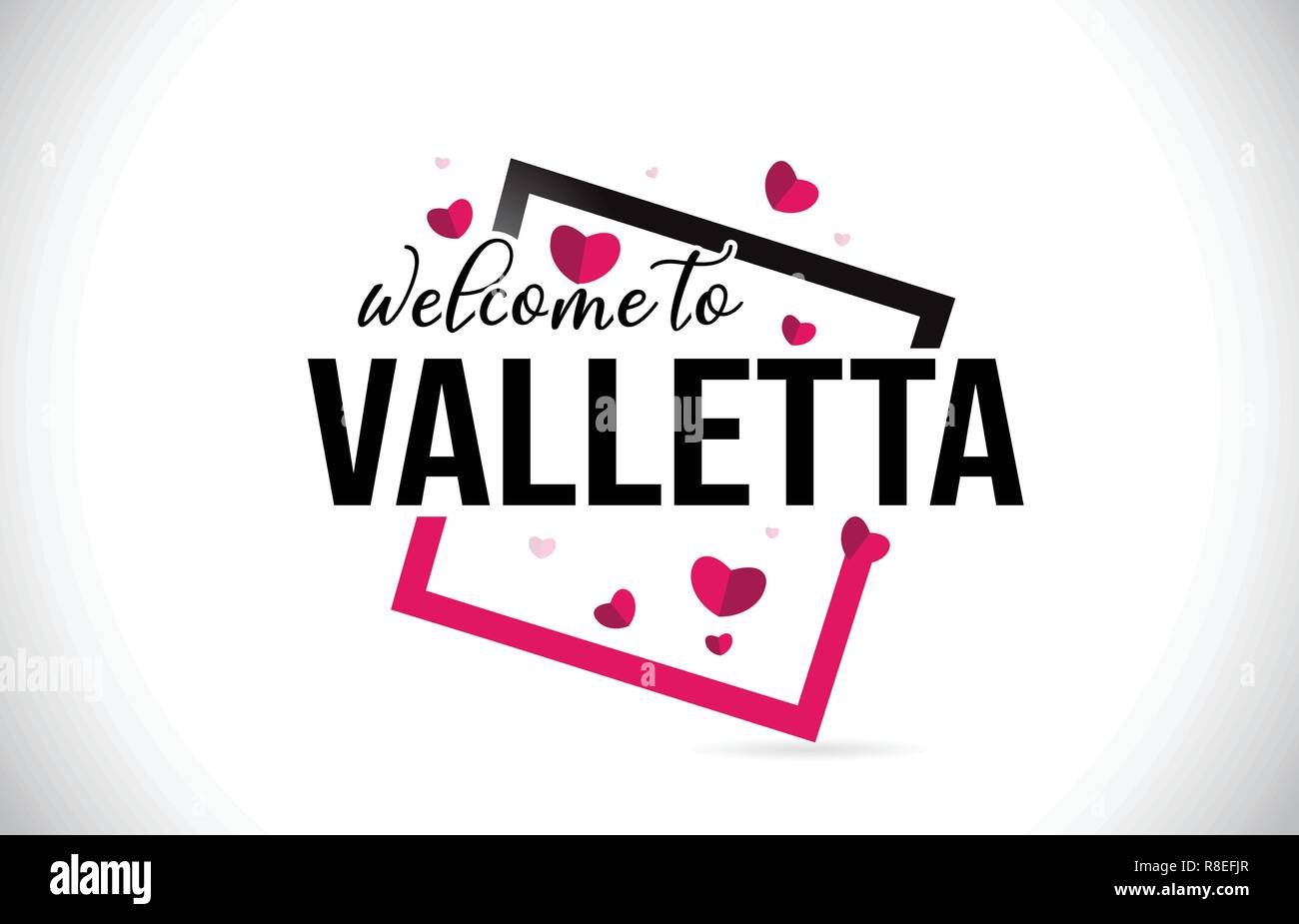 Valletta Welcome To Word Text with Handwritten Font and  Red Hearts Square Design Illustration Vector. Stock Vector