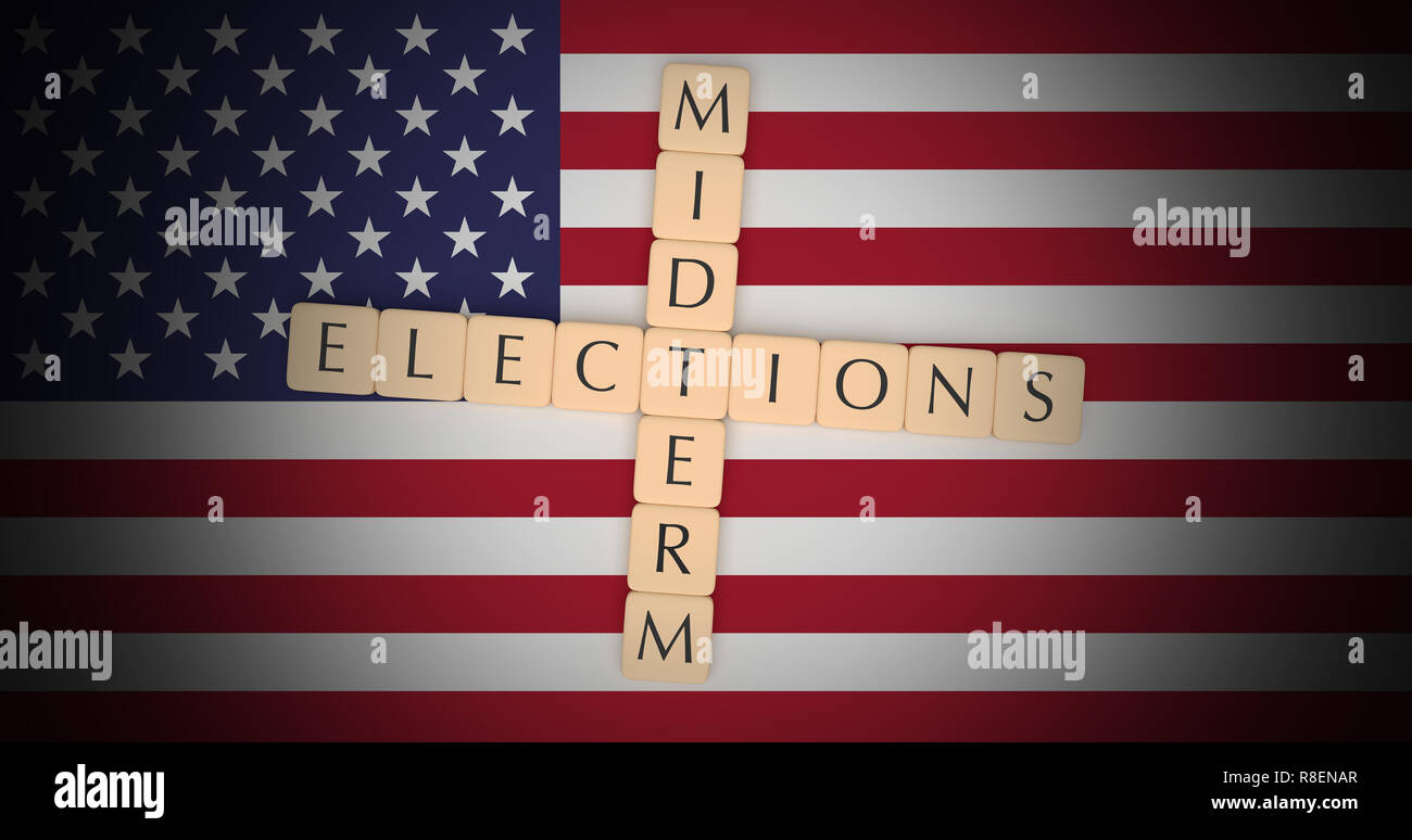 US Politics News Concept: Letter Tiles Midterm Elections On USA Flag, 3d illustration Stock Photo