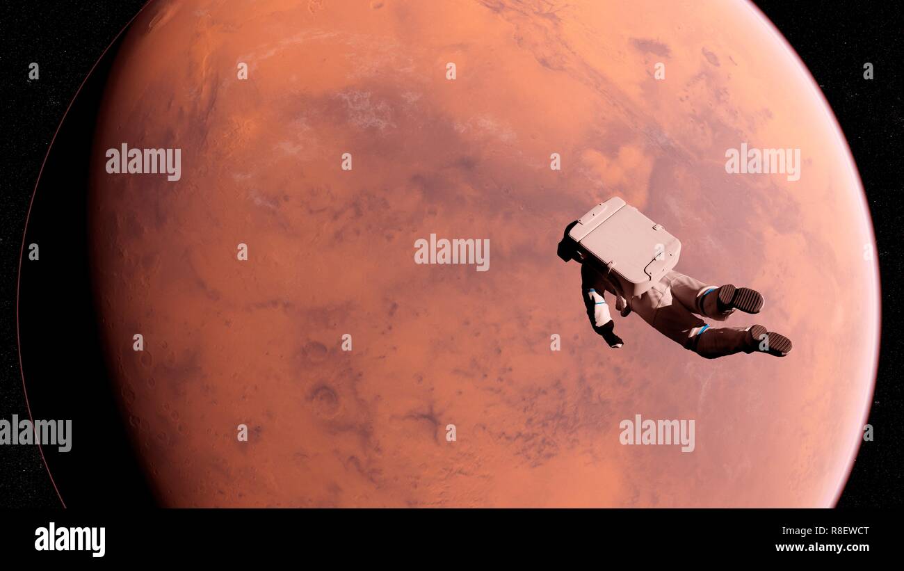 Illustration of an astronaut in front of Mars Stock Photo - Alamy